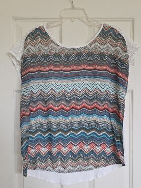 Claudia Richard Multicolor Chevron Lace Cap Sleeve Tee